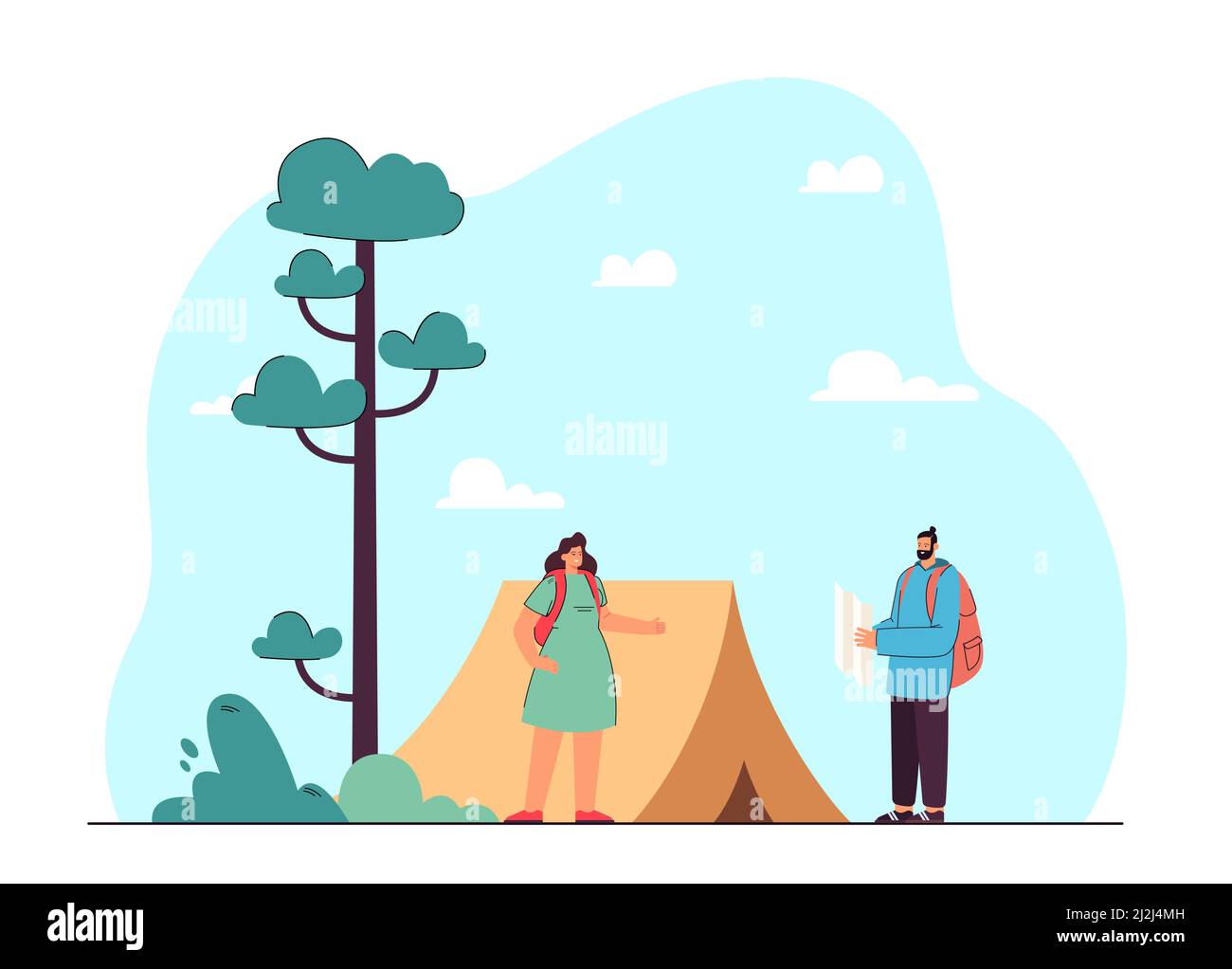 Man and woman on hike flat vector illustration. Couple with backpacks and map standing next to tent, enjoying nature. Active lifestyle, wild life, rec Stock Vector