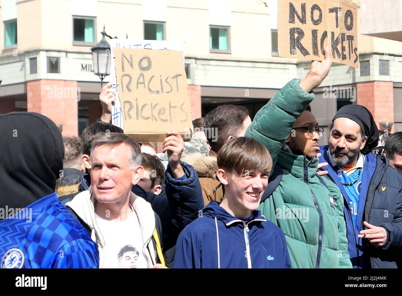 London, UK. 2nd Apr, 2022. Chelsea F.C. fans demonstrate against Ricketts family bid for their club over fears of racism Credit: Brian Minkoff/Alamy Live News Stock Photo