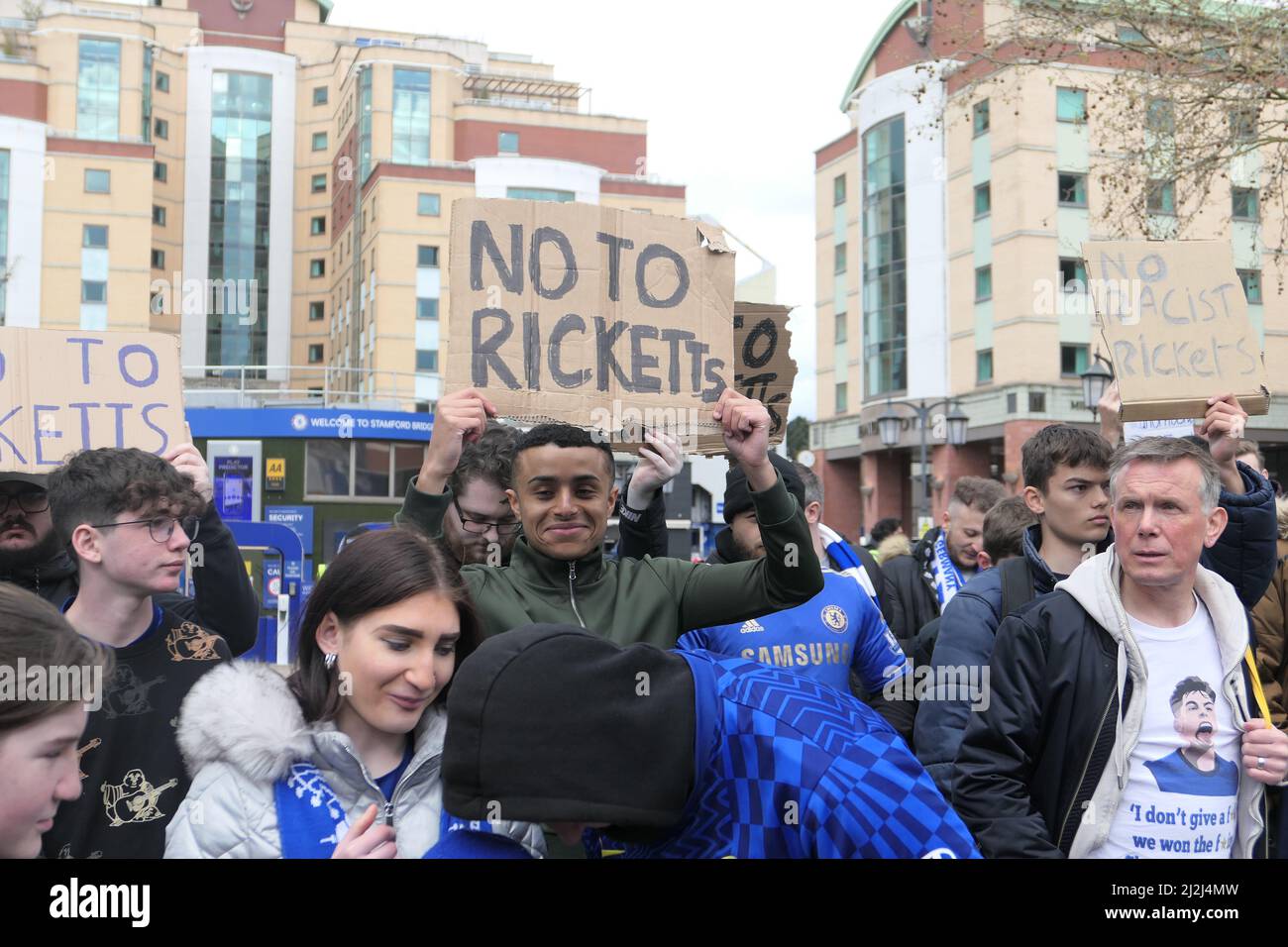 London, UK. 2nd Apr, 2022. Chelsea F.C. fans demonstrate against Ricketts family bid for their club over fears of racism Credit: Brian Minkoff/Alamy Live News Stock Photo