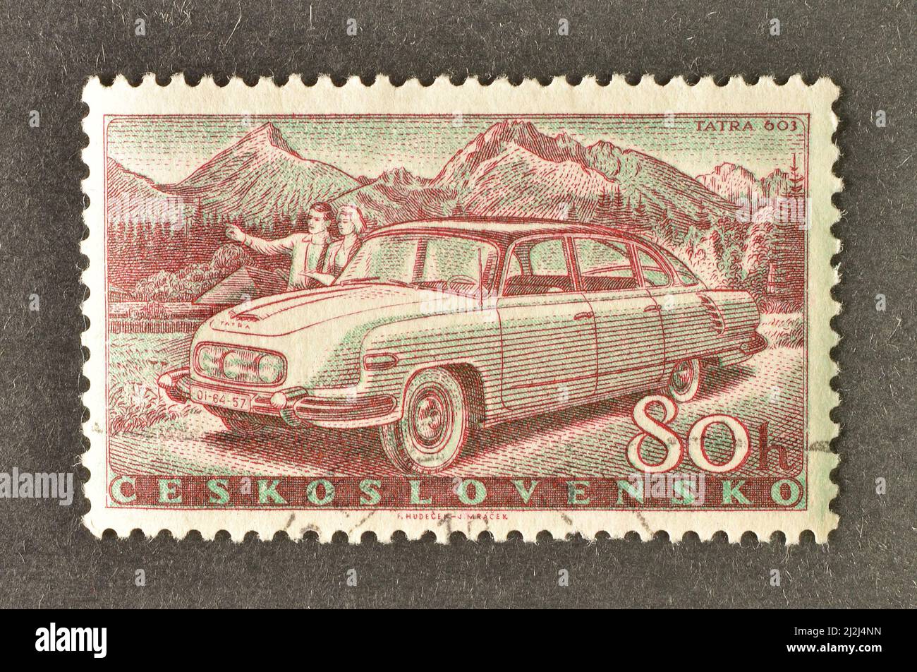 Cancelled postage stamp printed by Czechoslovakia, that shows Tatra 603 car, circa 1958. Stock Photo