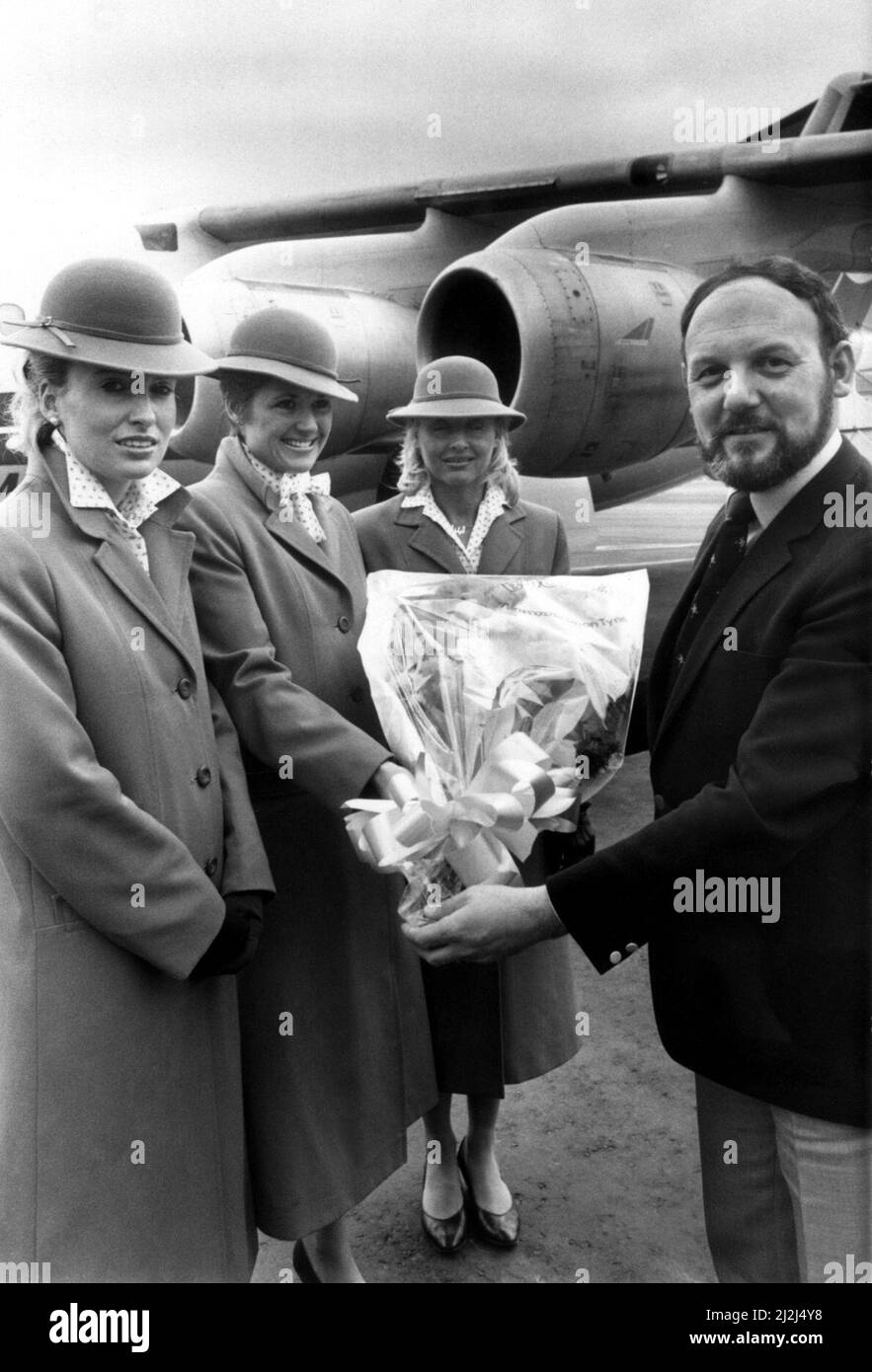 Dan-Air stewardesses, left to right, Linda Clough, Jeanette Jenkins and Anne Liddle.  Dan-Air, the company accused of labelling cabin staff as sexually promiscuous, decided to send bouquets of flowers to its 600 stewardesses - including about 60 based at Newcastle.  The move was described as a gesture of goodwill by the airline, which is also giving £5,000 to a children's trust which organises flights for disabled and deprived youngsters.  The early St Valentine's Day gift was made after talks between management and cabin crew representatives of the Transport and General Workers' Union.    12/ Stock Photo