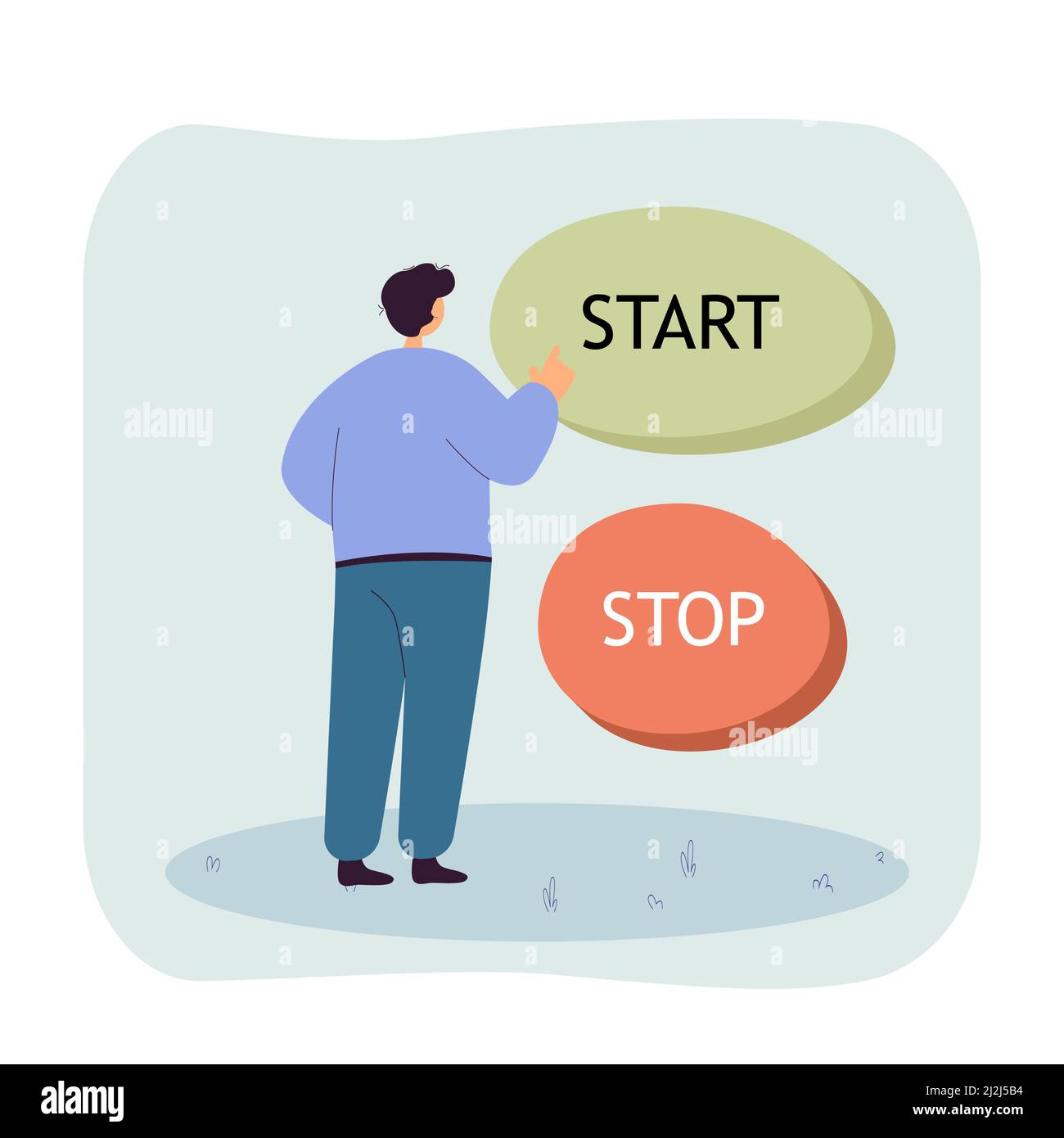 Man standing in front of huge start and stop buttons. Male character pushing button, making decision flat vector illustration. Choice, startup concept Stock Vector