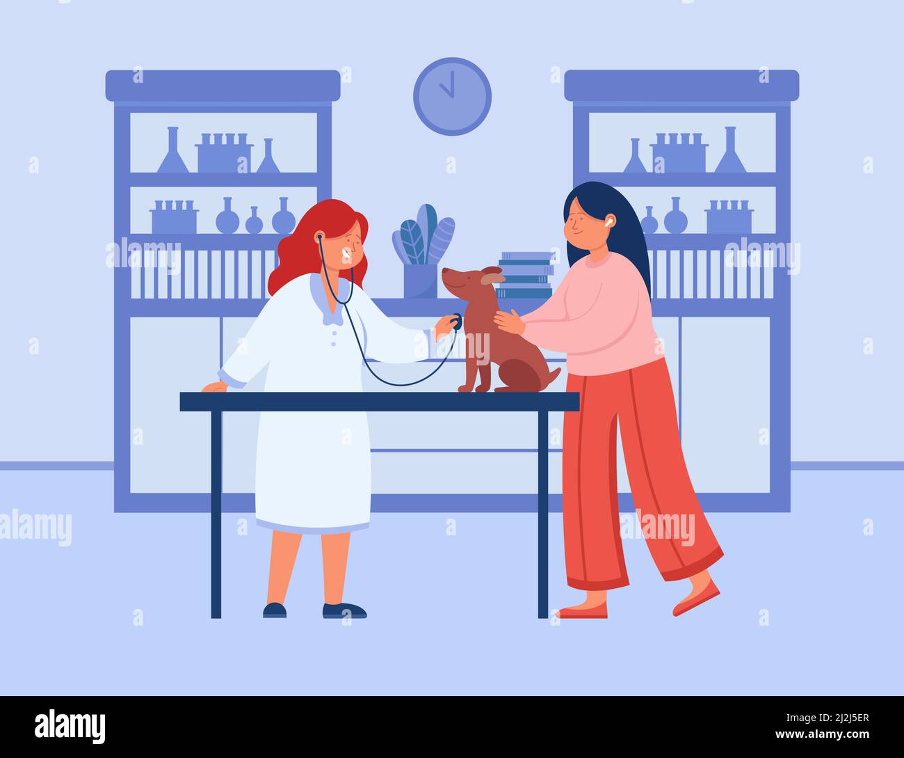 Pet examination by smiling veterinarian in clinic interior. Flat vector illustration. Female cartoon doctor caring about dog and loving owner. Animal, Stock Vector