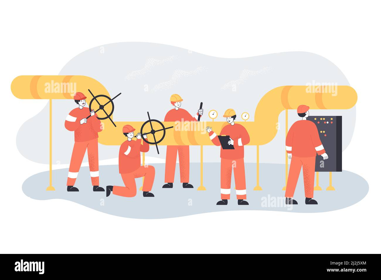 People in uniform carrying out control and checking leaks and pressure. Oil or gas pipeline service flat vector illustration. Sources of energy, oil o Stock Vector