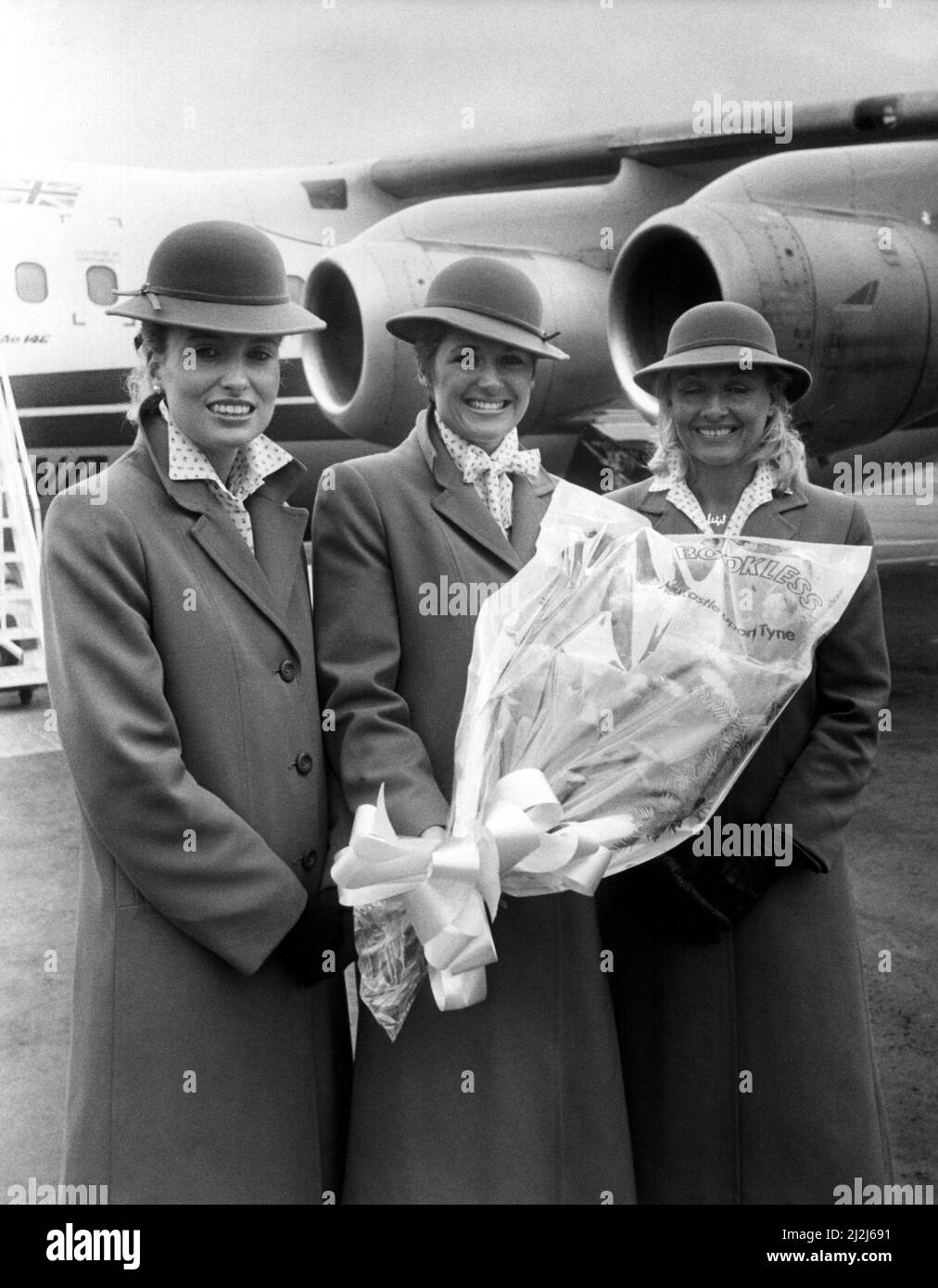 Dan-Air stewardesses, left to right, Linda Clough, Jeanette Jenkins and Anne Liddle.  Dan-Air, the company accused of labelling cabin staff as sexually promiscuous, decided to send bouquets of flowers to its 600 stewardesses - including about 60 based at Newcastle.  The move was described as a gesture of goodwill by the airline, which is also giving £5,000 to a children's trust which organises flights for disabled and deprived youngsters.  The early St Valentine's Day gift was made after talks between management and cabin crew representatives of the Transport and General Workers' Union.    12/ Stock Photo