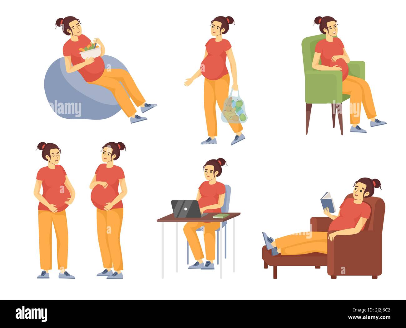 Pregnant woman lifestyle cartoon vector illustration set. Happy future mom doing different exercises like eating, reading, working, shopping. Female p Stock Vector