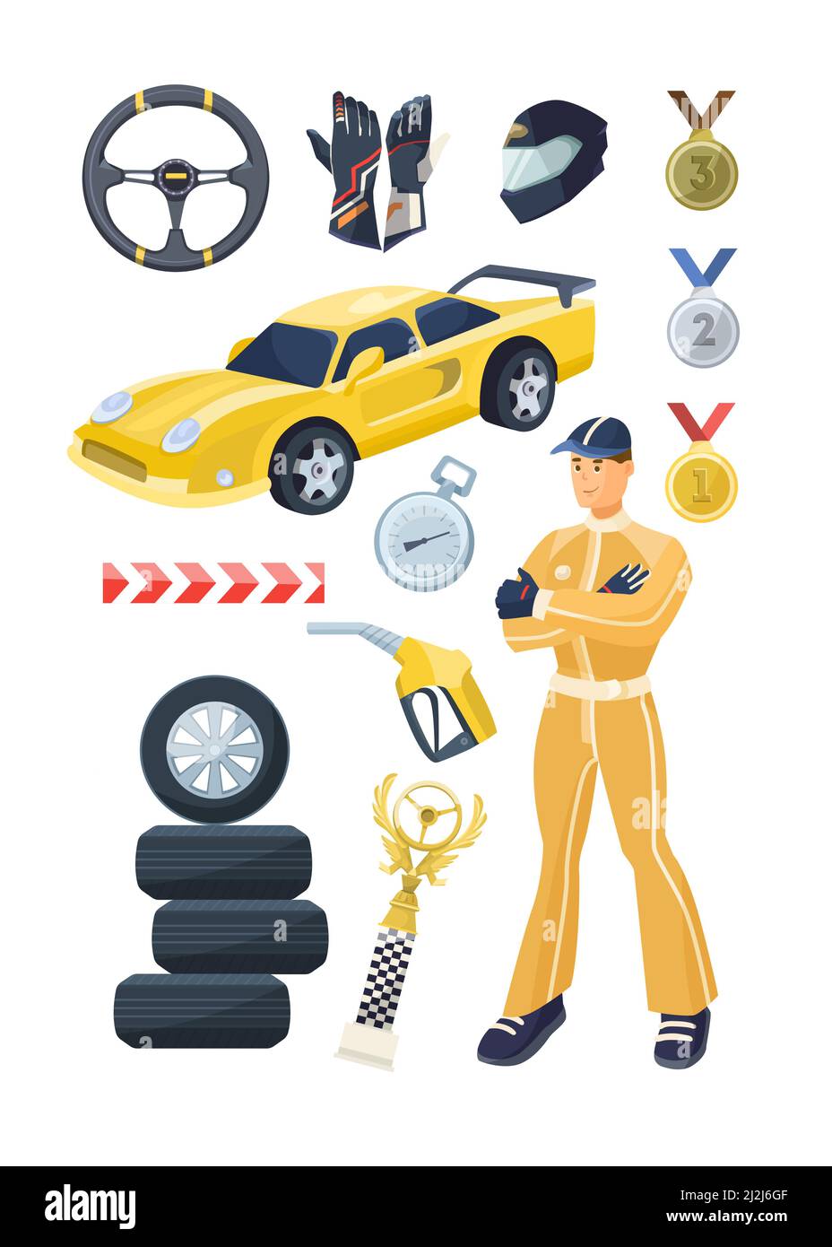 Set for F1 race winner. Vector illustrations of driver in uniform, medals  for victory. Cartoon racer character, racing car, steering wheel, gloves  and Stock Vector Image & Art - Alamy