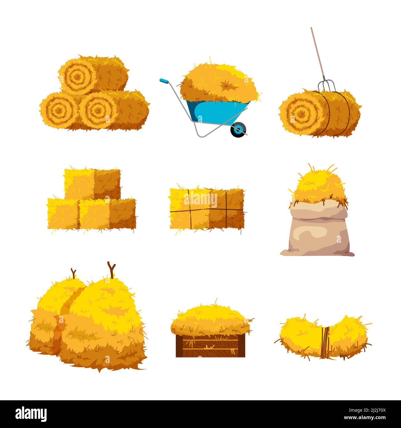 Set of bales of hay and dried grass in different forms. Cartoon vector illustration. Yellow straw and wheat stacks isolated on white background. Farm, Stock Vector