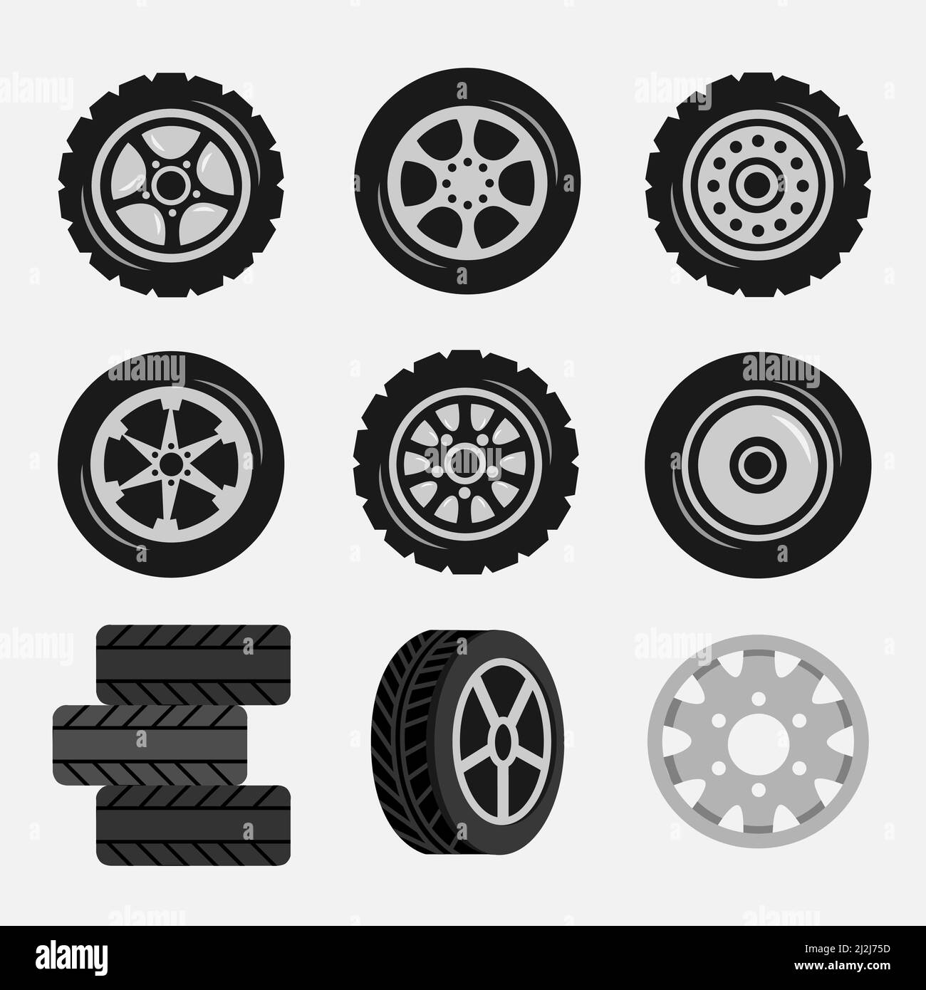 Set of car tires and alloy wheels, track traces. Cartoon vector