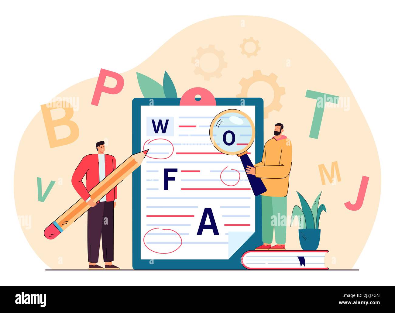 Tiny college persons correcting mistakes in text or manuscript. People checking grammar, punctuation and spelling errors flat vector illustration. Edu Stock Vector