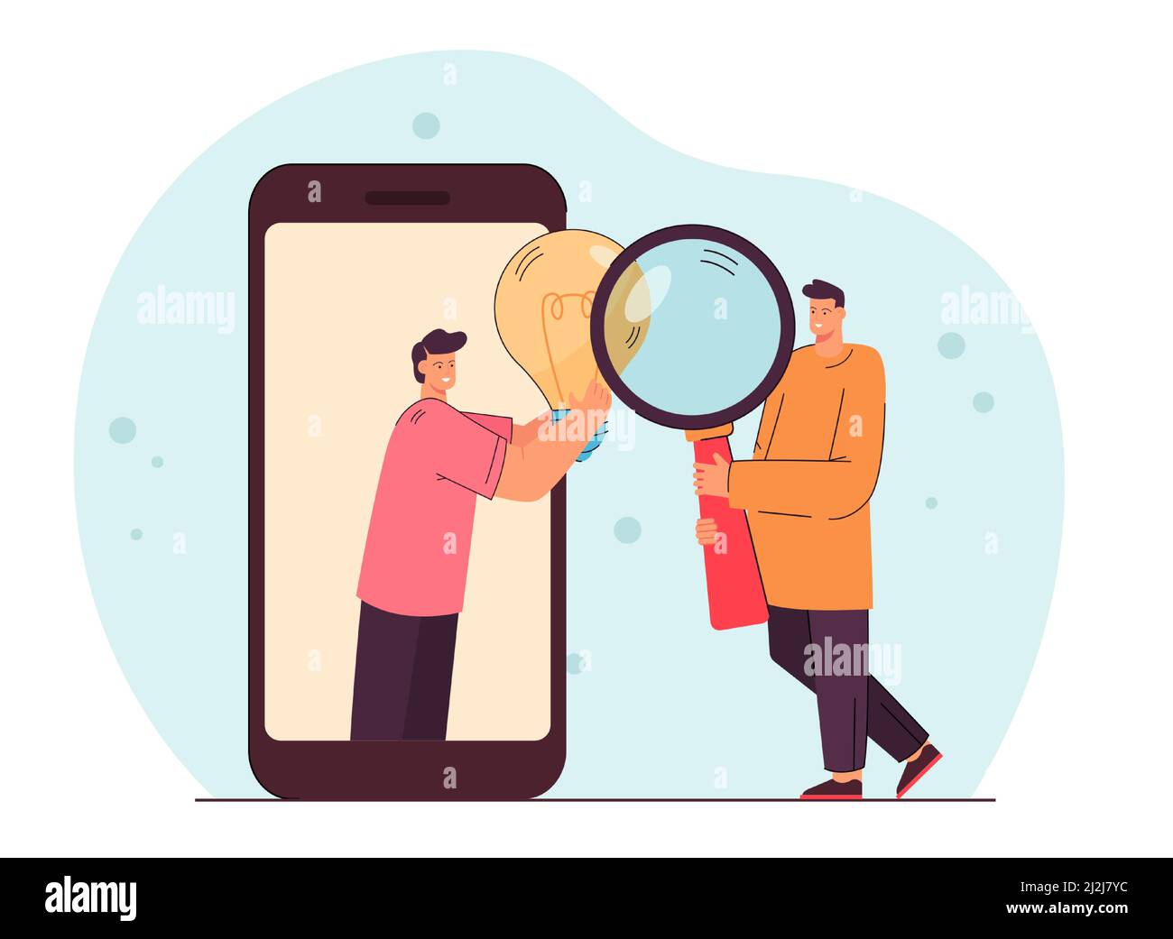 Tiny people searching for solution using magnifying lens and light bulb. Men with smartphone developing business ideas. Innovation and technology conc Stock Vector