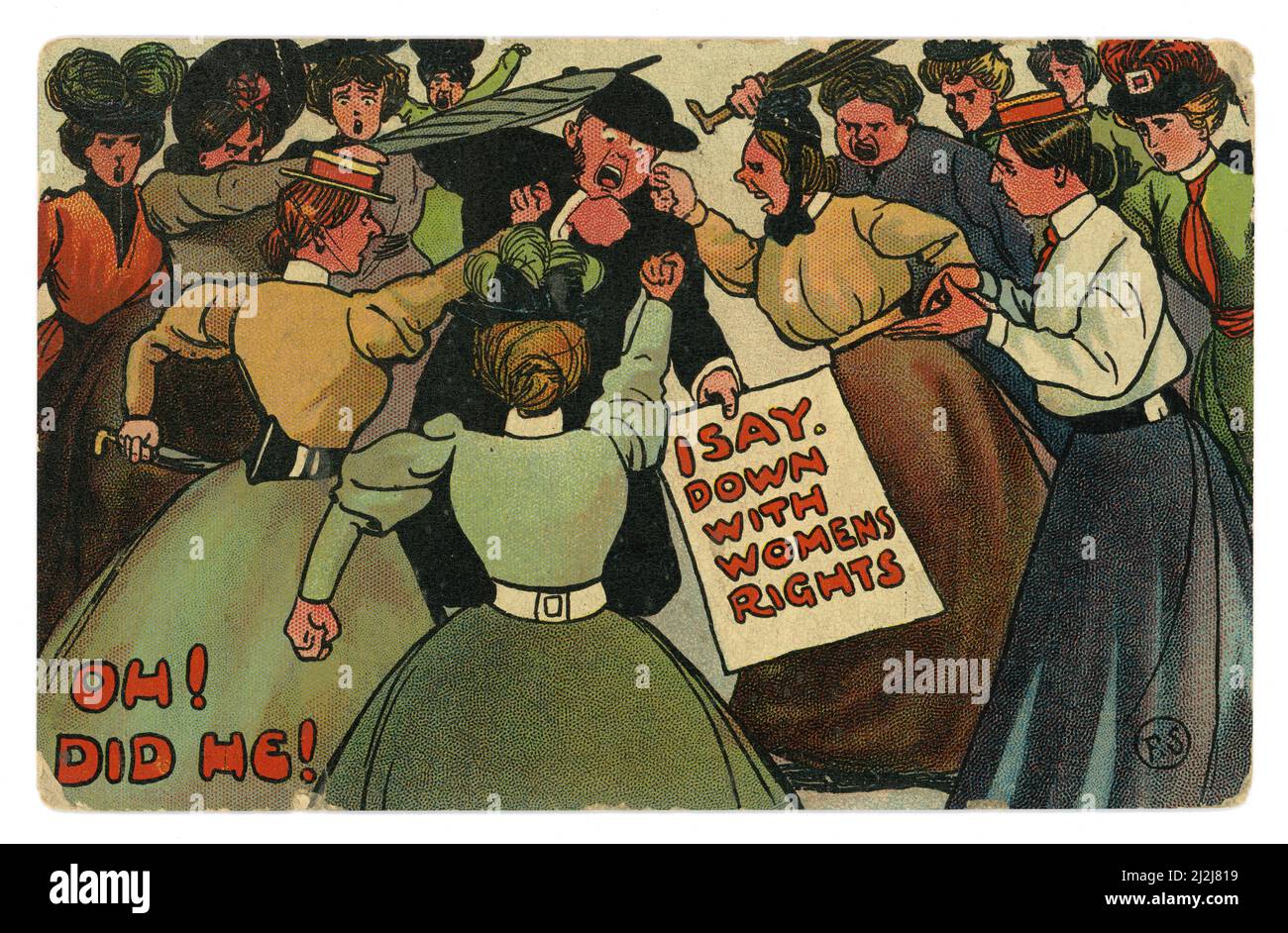 Original Edwardian era colour comic cartoon postcard of a crowd of angry, violent suffragettes wanting equal rights to men, mobbing a man holding a placard that reads 'I say down with women's rights', dated / posted 5 September 1907, U.K. Stock Photo