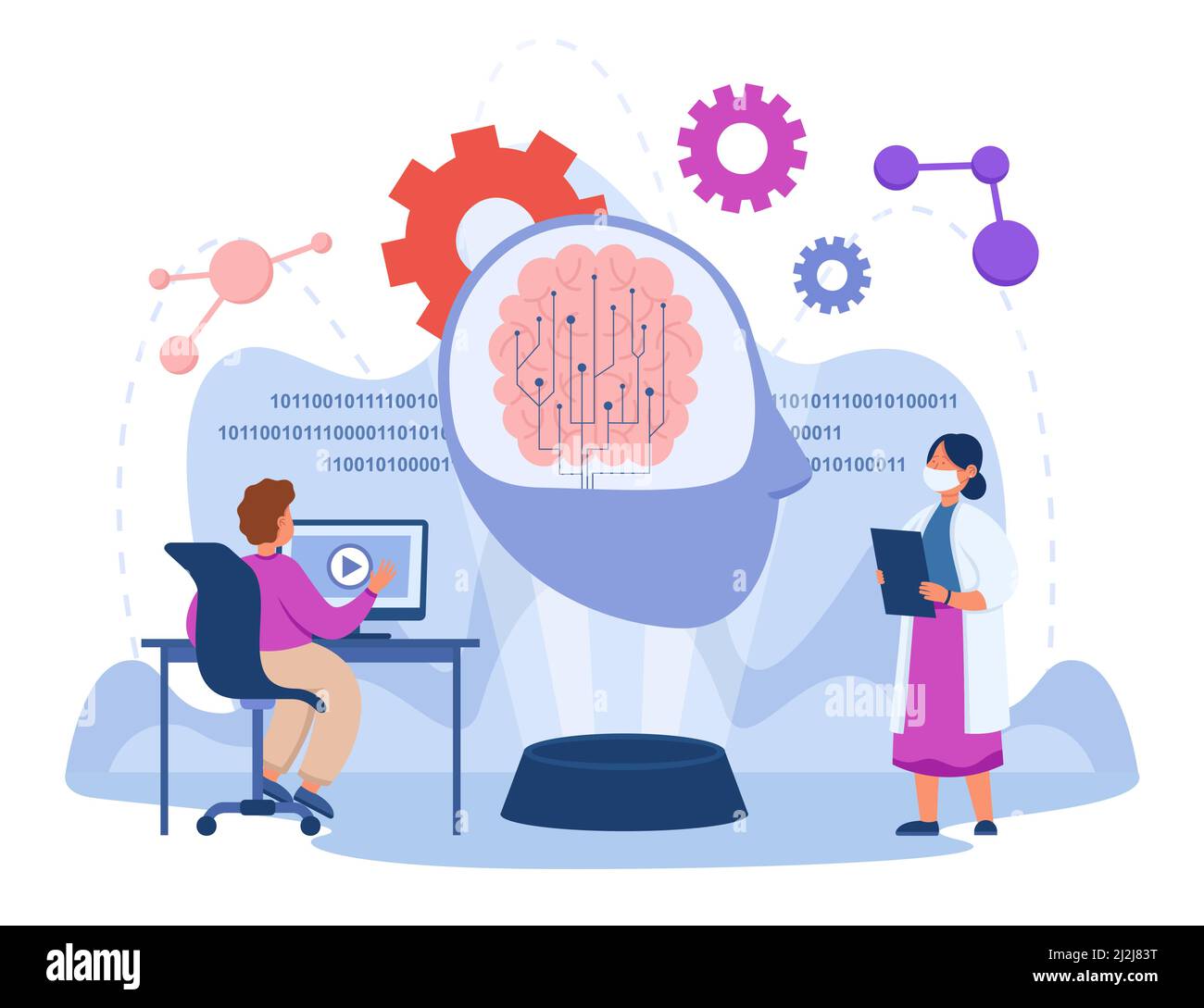 Tiny scientists developing AI using machine learning. Brain computing data flat vector illustration. Artificial intelligence, technology, science conc Stock Vector