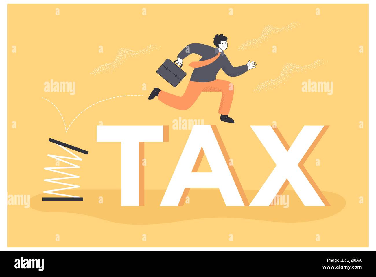 Businessman jumping high through tax. Spring jump of male leader character with briefcase for business development flat vector illustration. Tax exemp Stock Vector