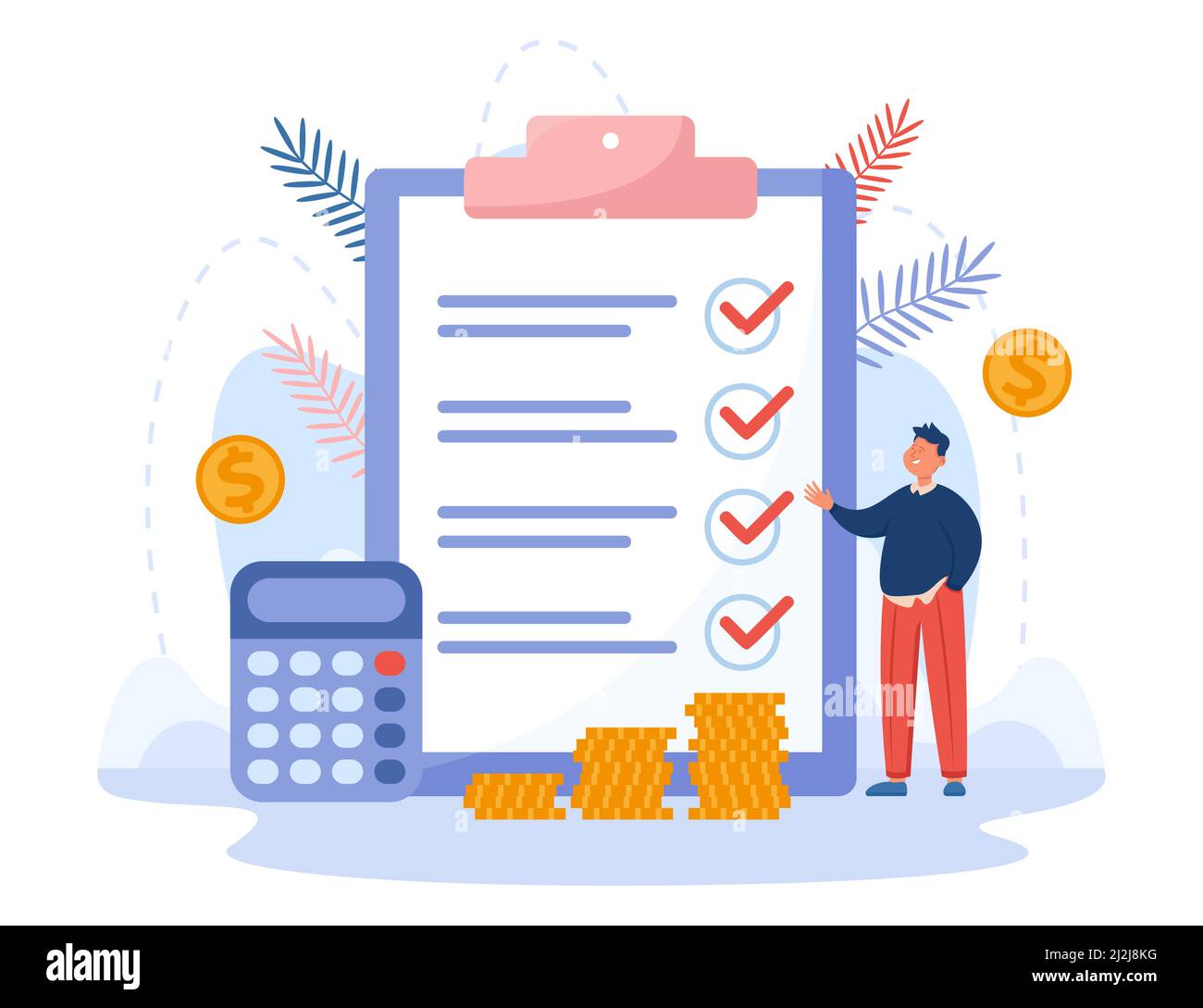 Businessman standing next to business document and calculator. Man planning budget of company flat vector illustration. Finances, taxes concept for ba Stock Vector