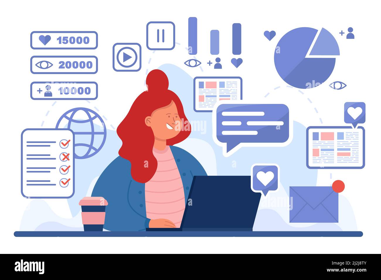 Busy female SMM expert at workplace. Young woman completing tasks, writing emails, data analysis technology, effective strategy flat vector illustrati Stock Vector