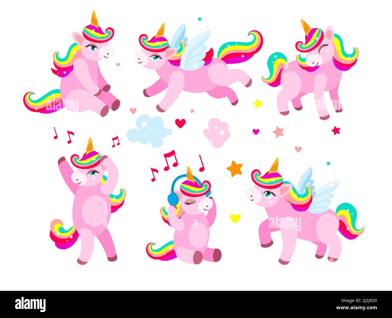 Adorable unicorn cartoon character vector illustrations set. Drawings ...