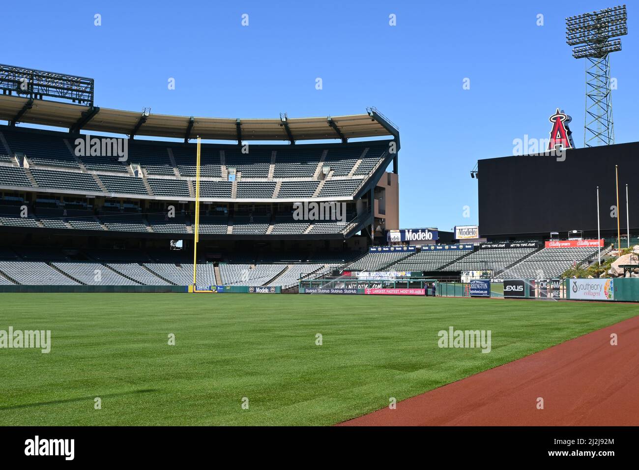 ANAHEIM, CALIFORNIA -10 MAR 2022: Newly laid sod at Angel Stadium in preparation for Opening Day and the 2022 season. Stock Photo