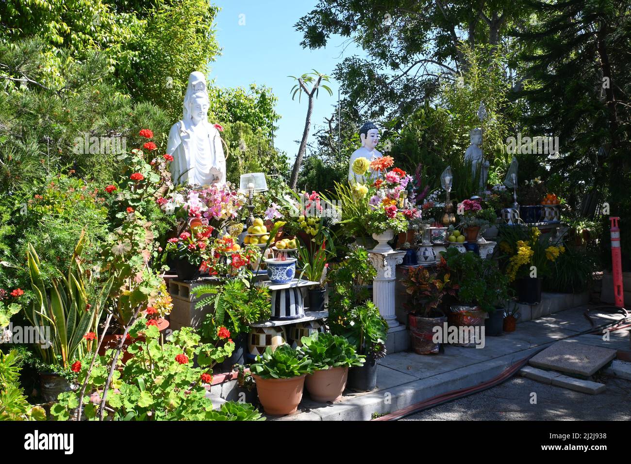 SANTA ANA, CALIFORNIA - 10 MAR 2022: Shrine at the International Sangha Bhiksu Buddhist Association. Stock Photo