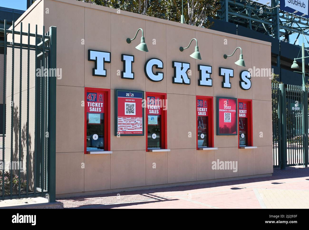 ANAHEIM, CALIFORNIA -10 MAR 2022: Centerfield ticket booth at Angel Stadium. Stock Photo