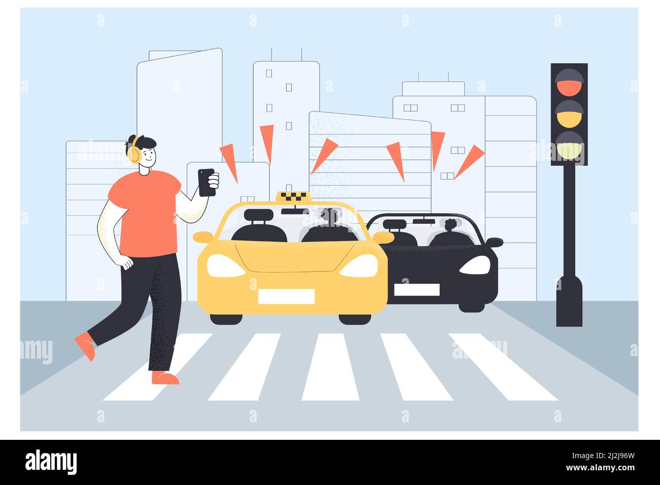 Careless boy with smartphone crossing street on red traffic lights. Careful people driving cars stopping in front of pedestrian on crosswalk flat vect Stock Vector