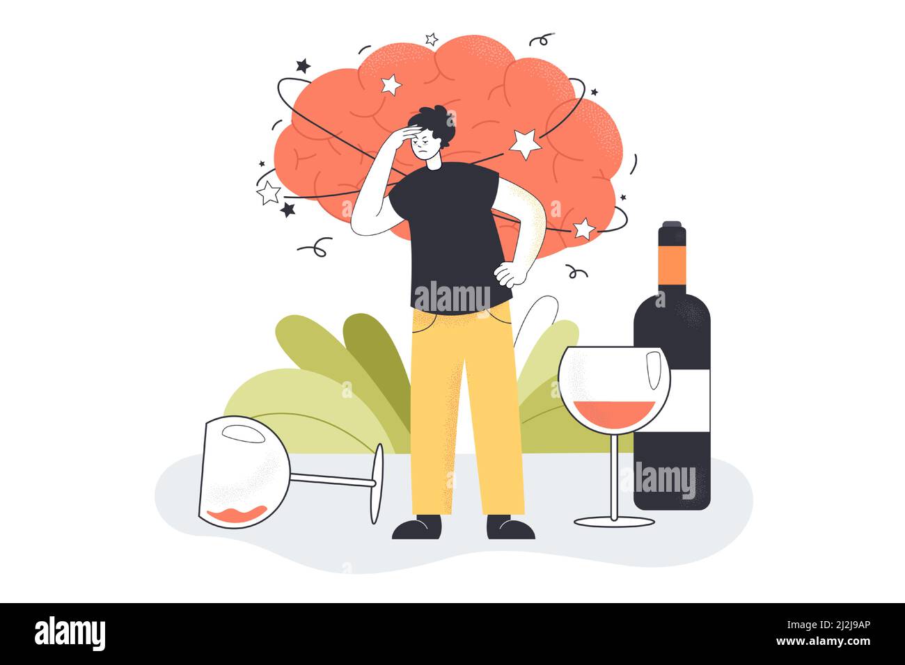 Alcohol hangover of drunk man with strong migraine, headache. Addicted