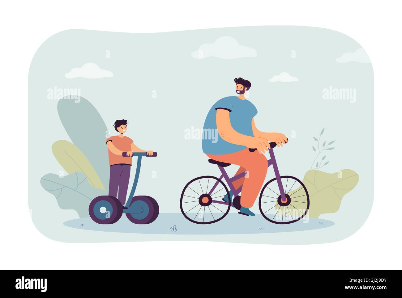 Cartoon dad riding bike and son on personal electric transport. Man and boy using ecological transport outside flat vector illustration. Family, outdo Stock Vector