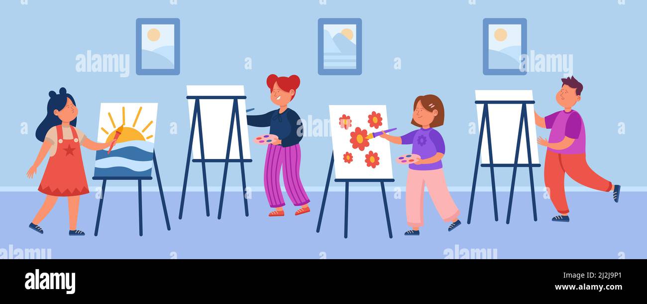 Cartoon kids at drawing lesson flat vector illustration. Little boy and ...