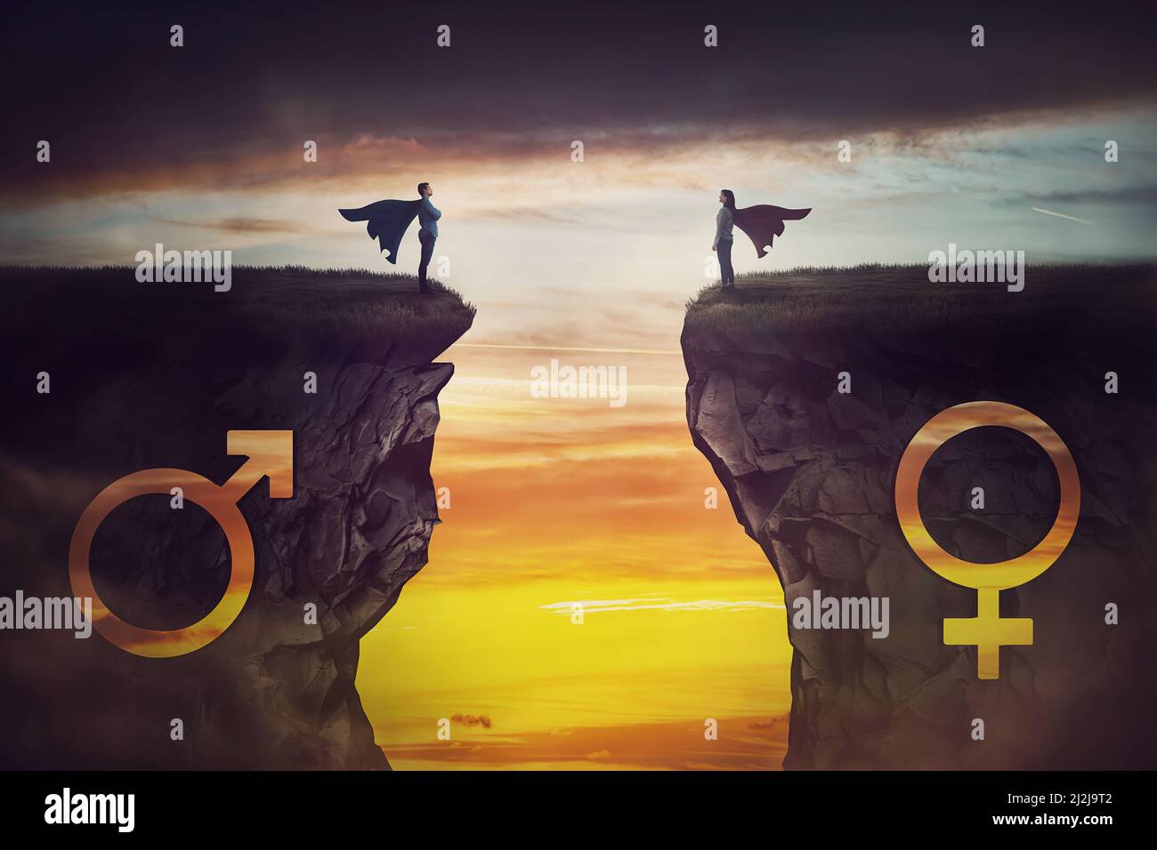 Superhero gender rivalry and leadership concept. Man vs woman heroes standing on the peak of different cliffs facing each other. Sex discrimination as Stock Photo