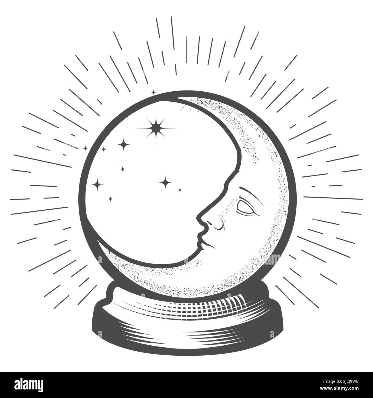 Fortune-teller glass ball with crescent, soothsayer glass sphere and moon face, prophecy and prognostication symbol, vector Stock Vector