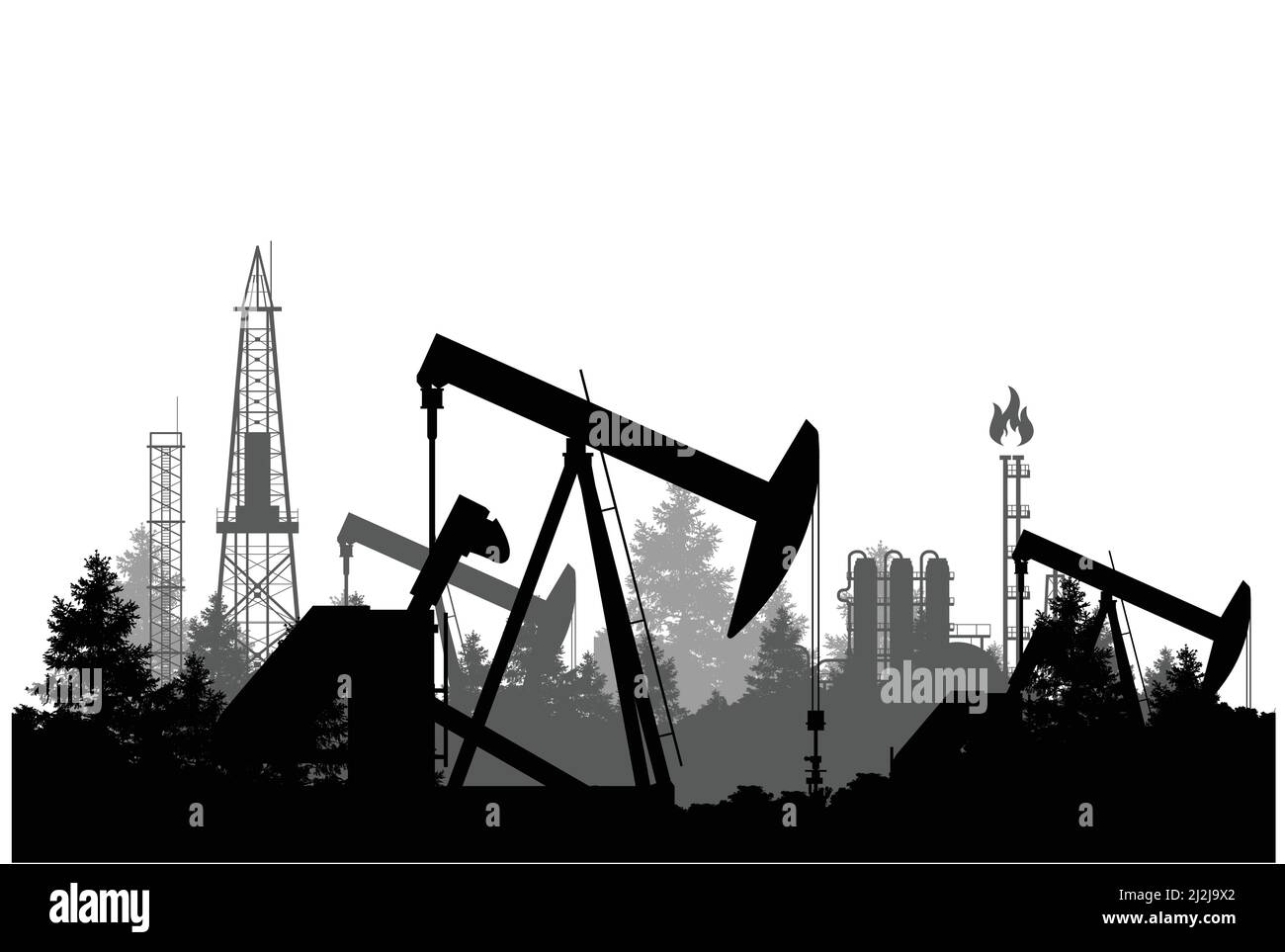 Oil industry banner, silhouette of pumpjack and refinery plant, overground drive for a reciprocating piston pump in an oil well, vector Stock Vector