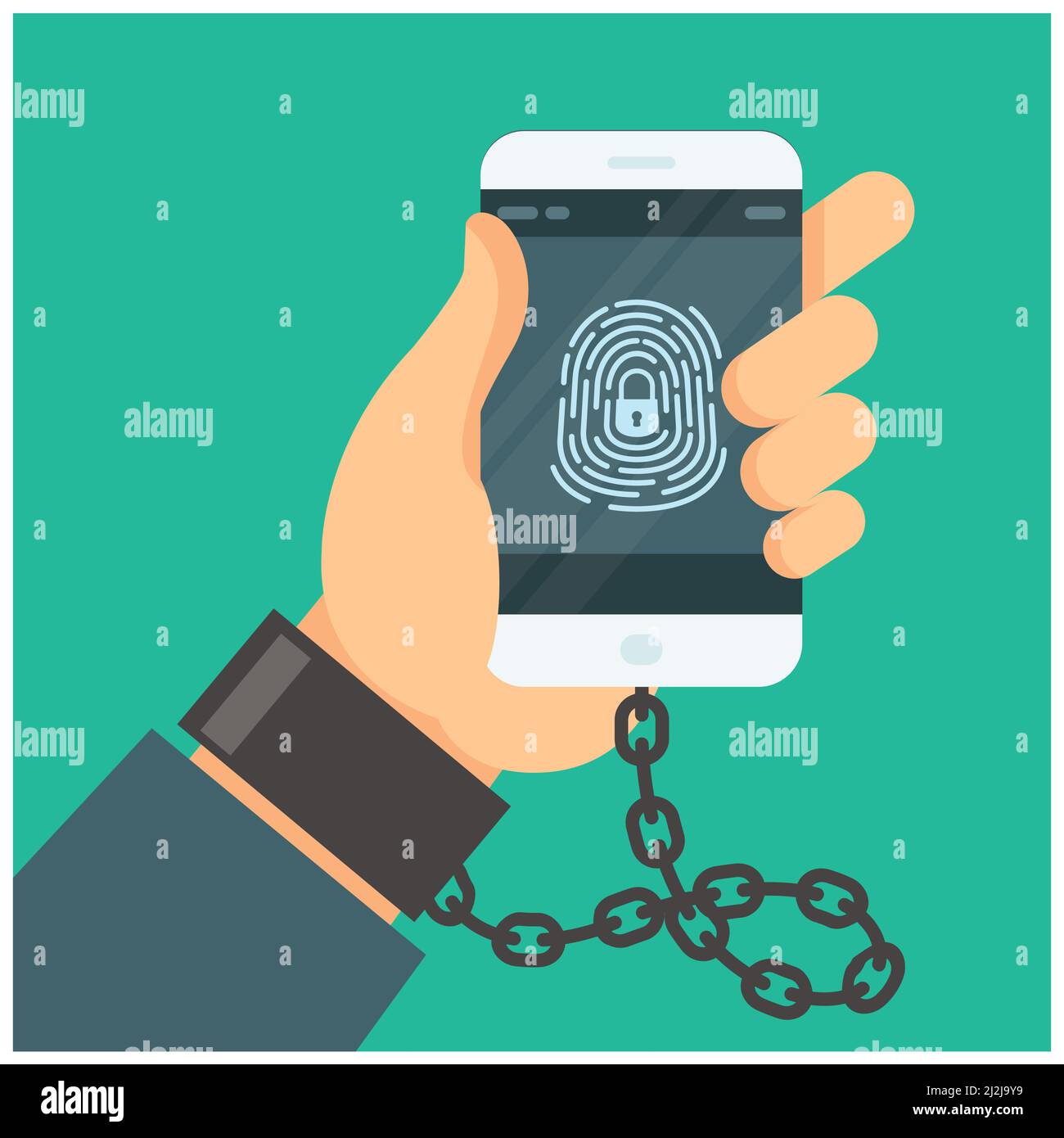 Internet addiction, hand chained with handcuff to smartphone, nomophobia concept, digital shadowing, social networks and media dependence, vector Stock Vector