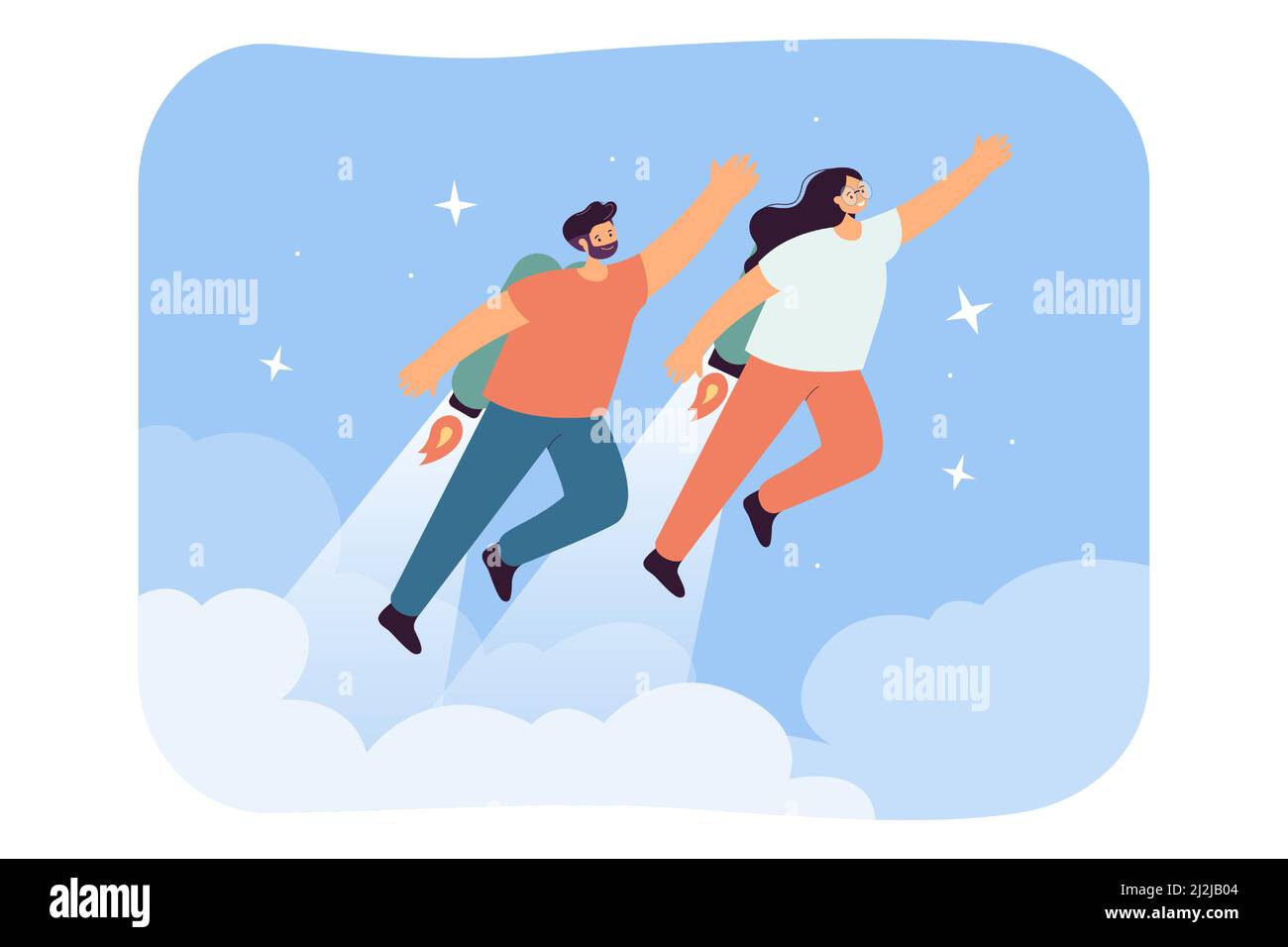 Cartoon couple with jet packs or boosters up in sky. Man and woman flying fast with rockets, power or energy metaphor flat vector illustration. Busine Stock Vector