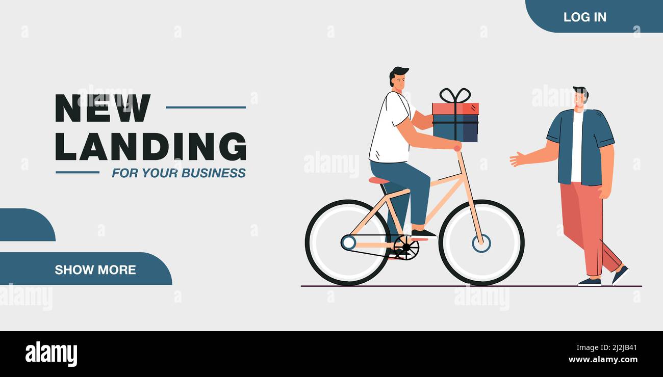Cartoon man on bicycle delivering gift to customer or boyfriend. Male character giving gift box to guy flat vector illustration. Relationship, romance Stock Vector