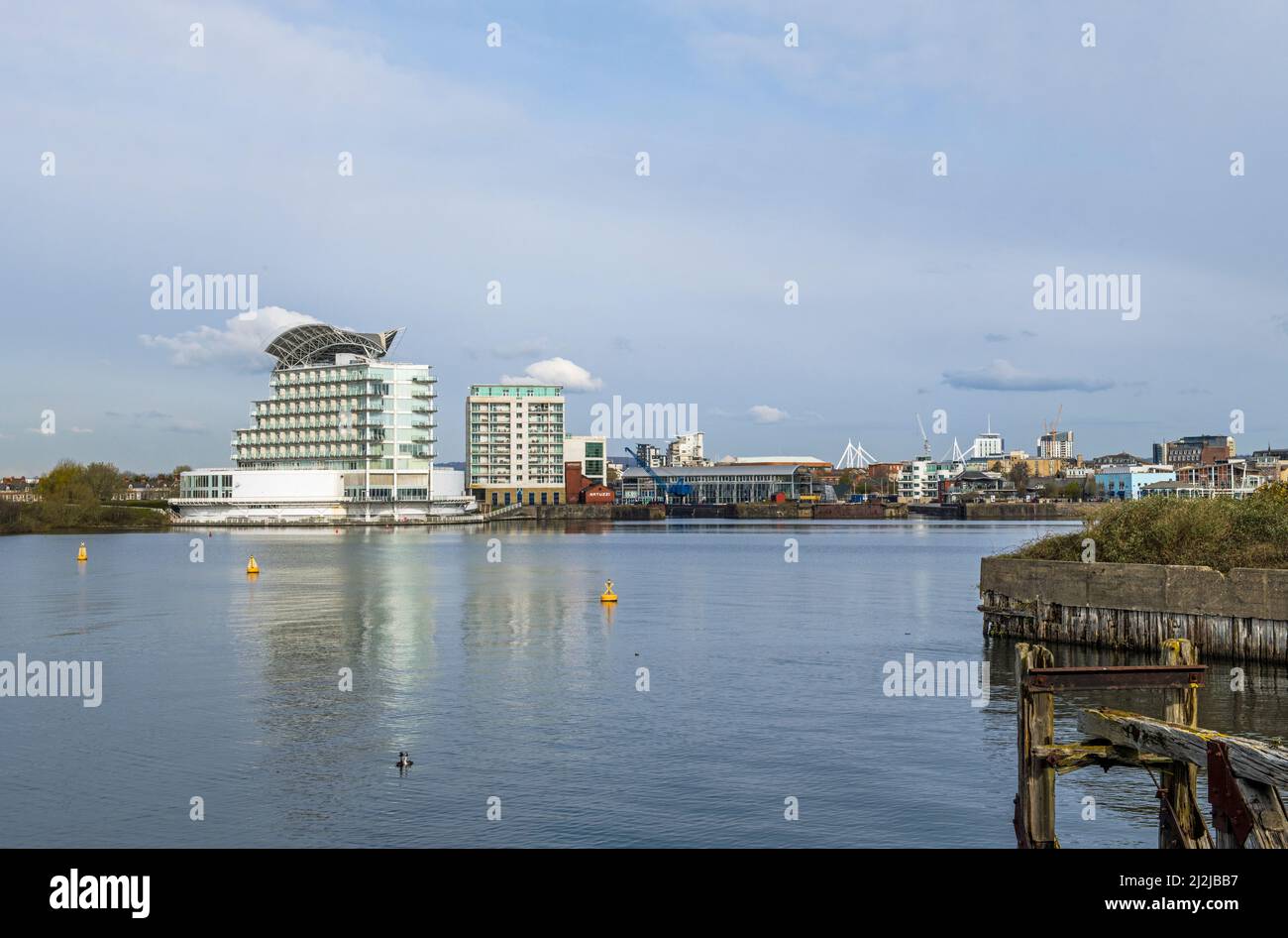 Cardiff Bay Lake looking across to St Davids Hotel, Apartments and the