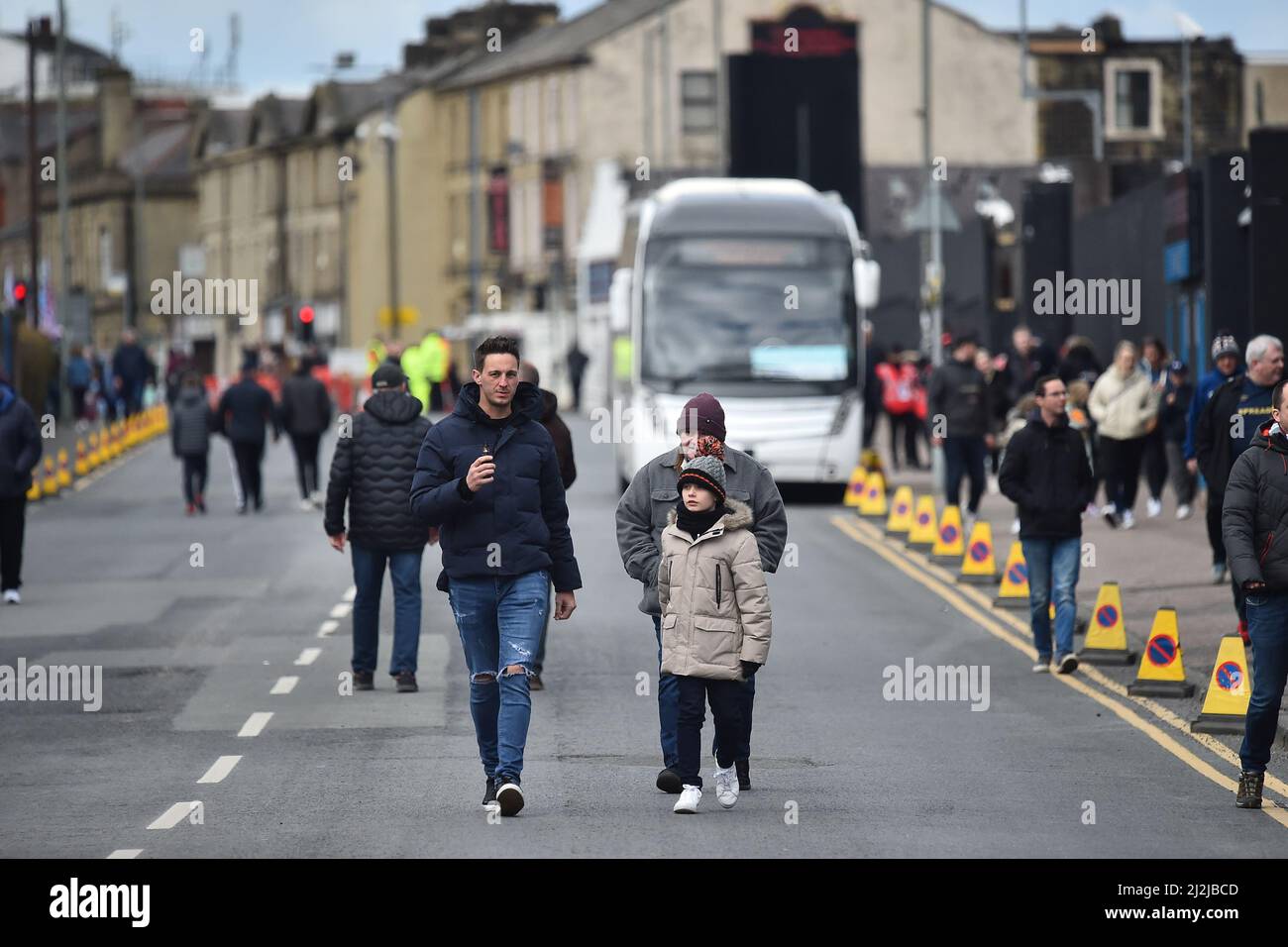 BURNLEY, UK. APR 2ND The fans arrive before the Premier League match between Burnley and Manchester City at Turf Moor, Burnley on Saturday 2nd April 2022. (Credit: Pat Scaasi | MI News) Credit: MI News & Sport /Alamy Live News Stock Photo