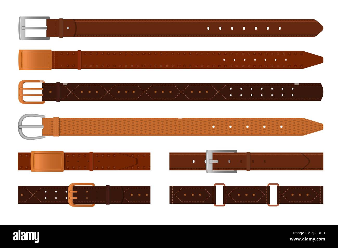 Classic brown leather belts flat vector illustrations set. Collection