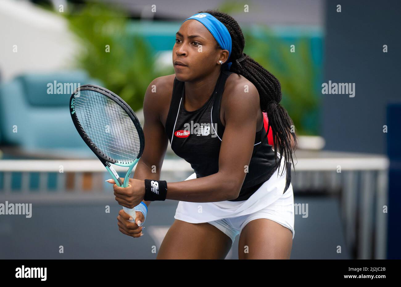 Cori Gauff of the United States in action during the doubles semi-final of  the 2022 Miami Open, WTA Masters 1000 tennis tournament on April 1, 2022 at  Hard Rock stadium in Miami,