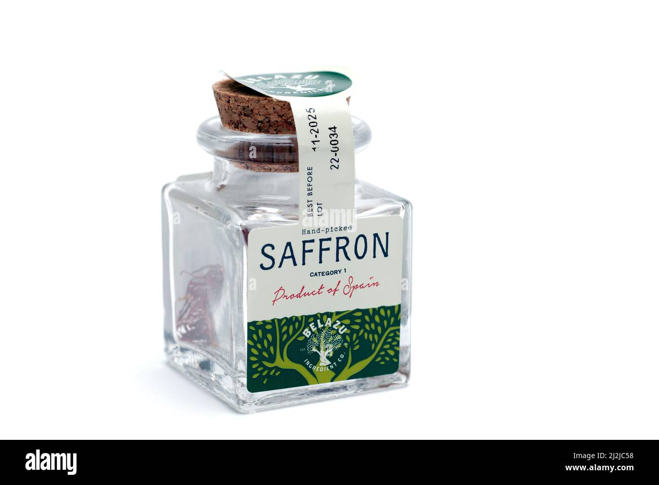 1gram Container of Sealed Belazu Hand Picked Saffron Stock Photo