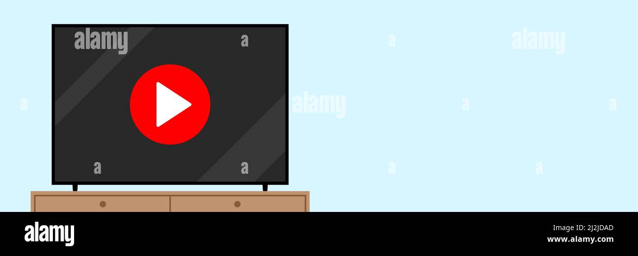 TV with a red play button on a screen, standing on a cabinet on light blue wall background. Television horizontal vector banner with copy space. Stock Vector