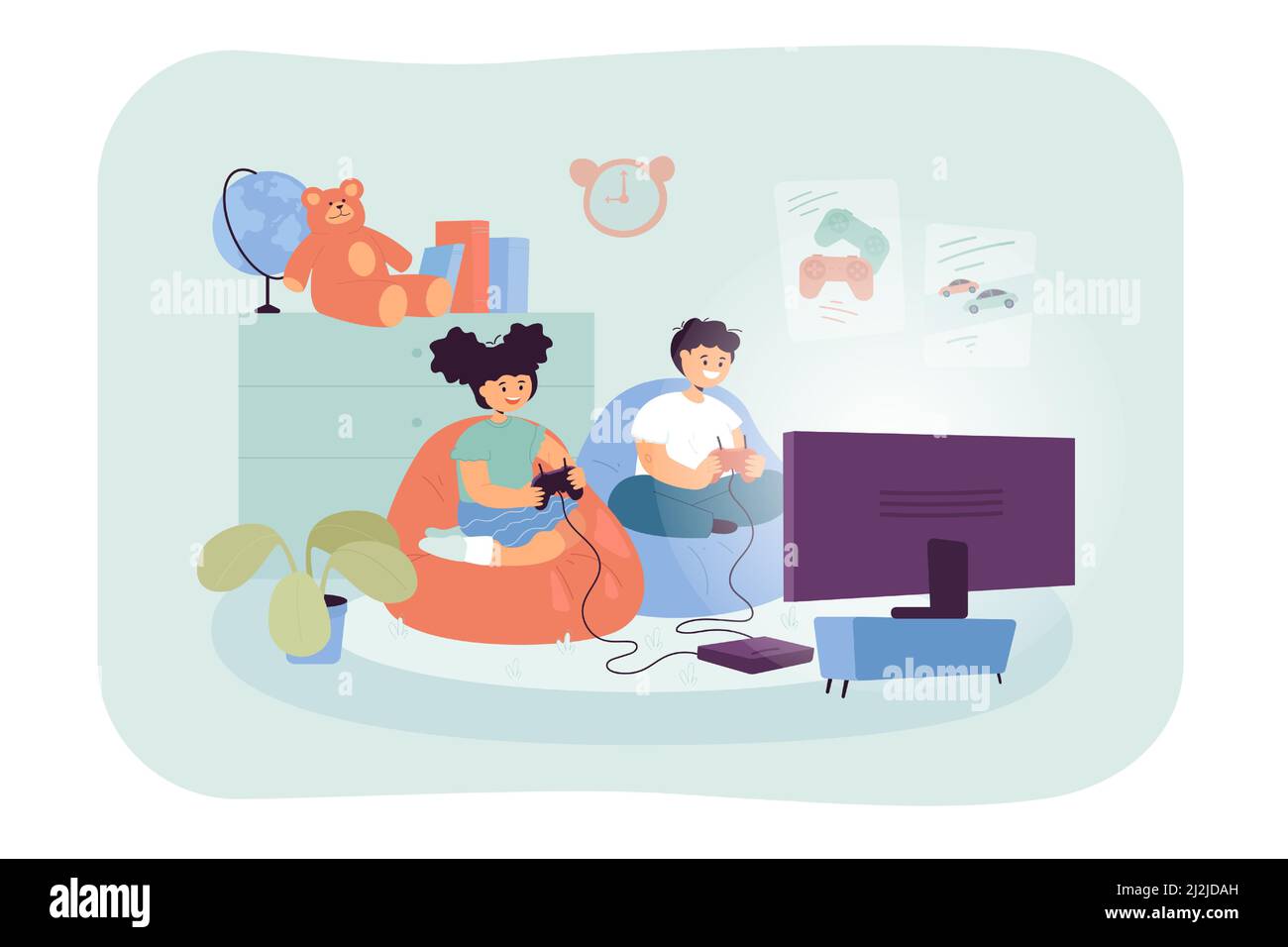 Little kids playing videogames on TV together. Room interior with children watching television