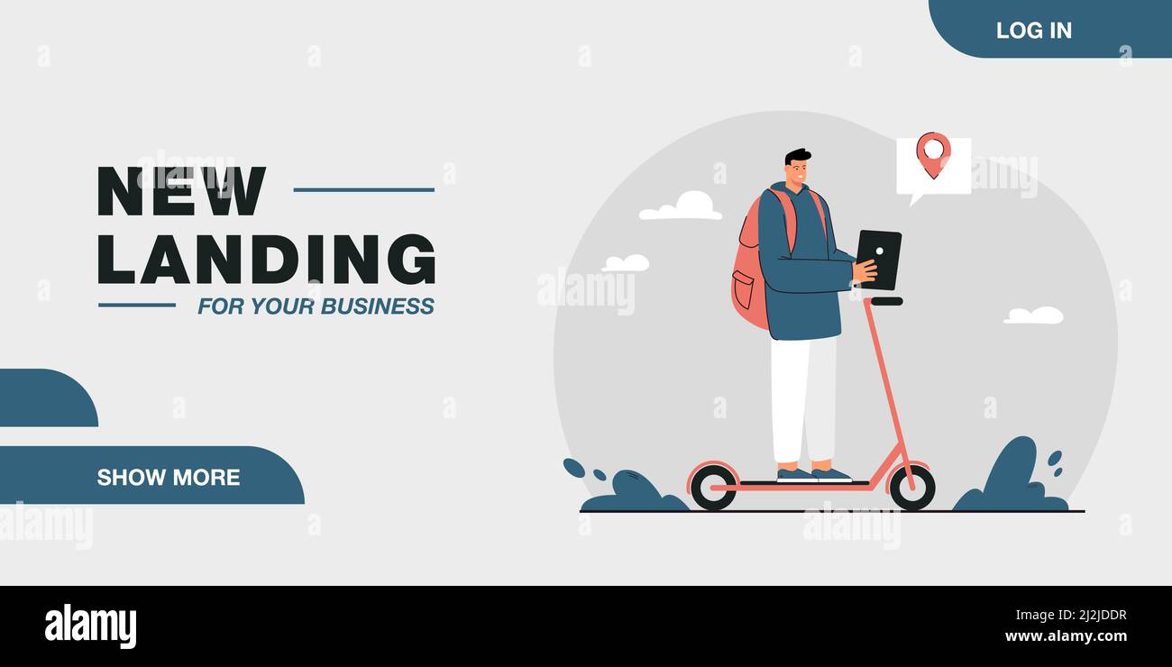 Man riding kick scooter and checking location on online map. Person