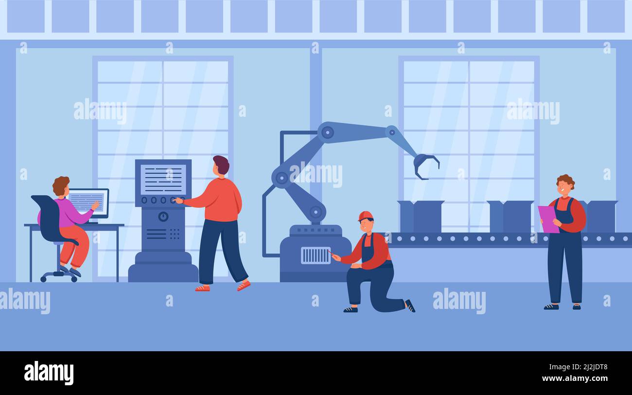 Production process using robots and computers at smart factory. Digital revolution, workers using machines with internet and data flat vector illustra Stock Vector