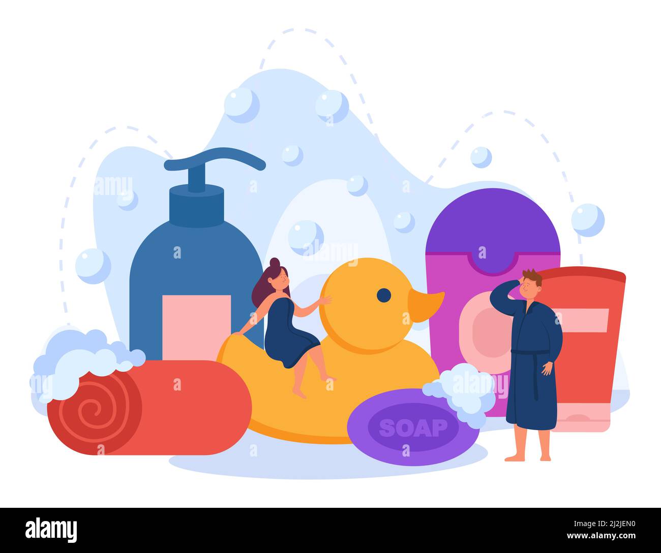 Tiny cartoon people with huge bath cosmetics. Giant soap, sponge and shampoo for bathroom procedures flat vector illustration. Hygiene, spa concept fo Stock Vector