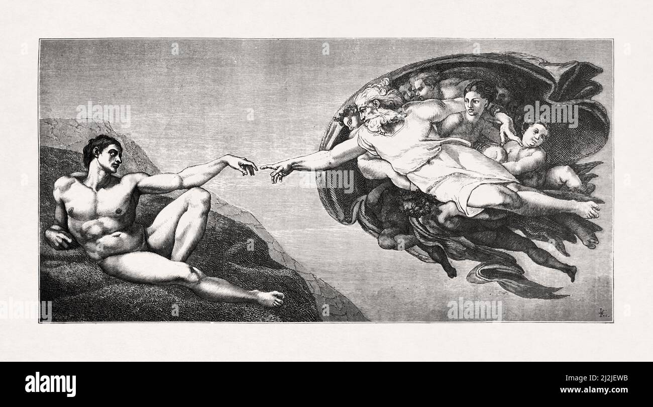 Engraving made in 1875 by Cartier of the fresco by Michelangelo entitled 'The Creation of Adam'. Stock Photo