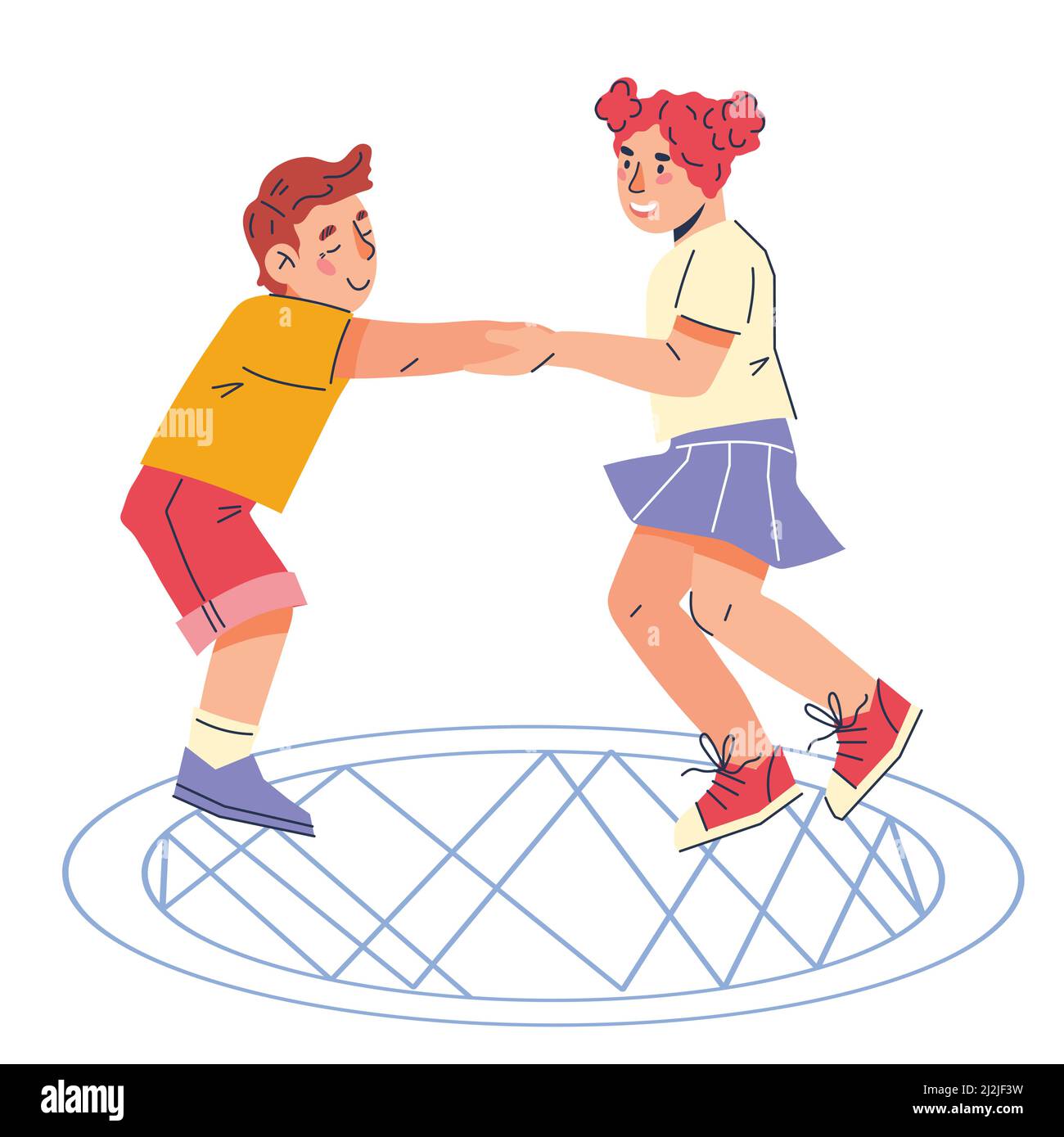 Cheerful children jumping on a trampoline holding hands. Active kids ...