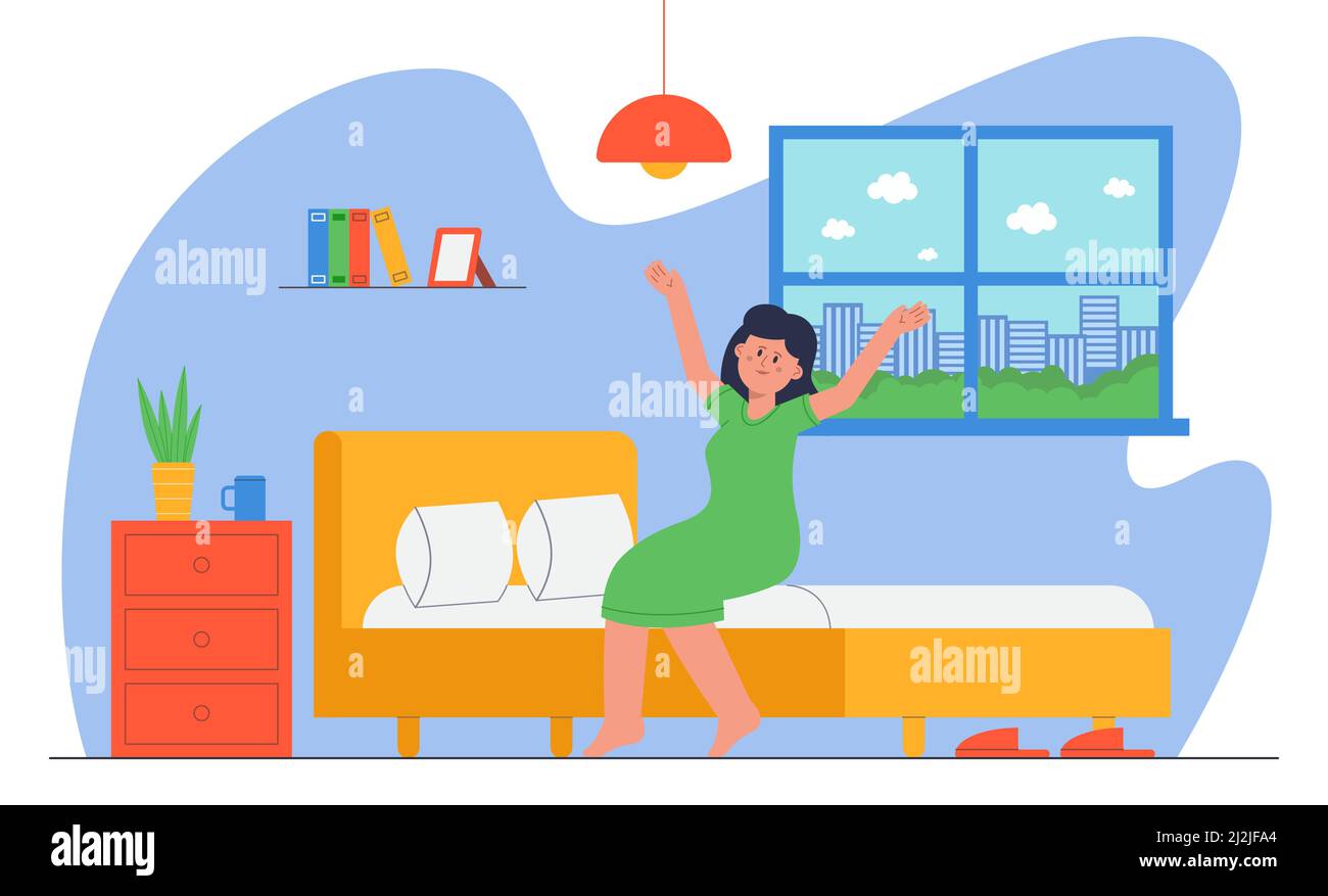 Woman waking up in morning flat vector illustration. Cheerful female character sitting on bed and stretching, getting ready for new day, getting up af Stock Vector