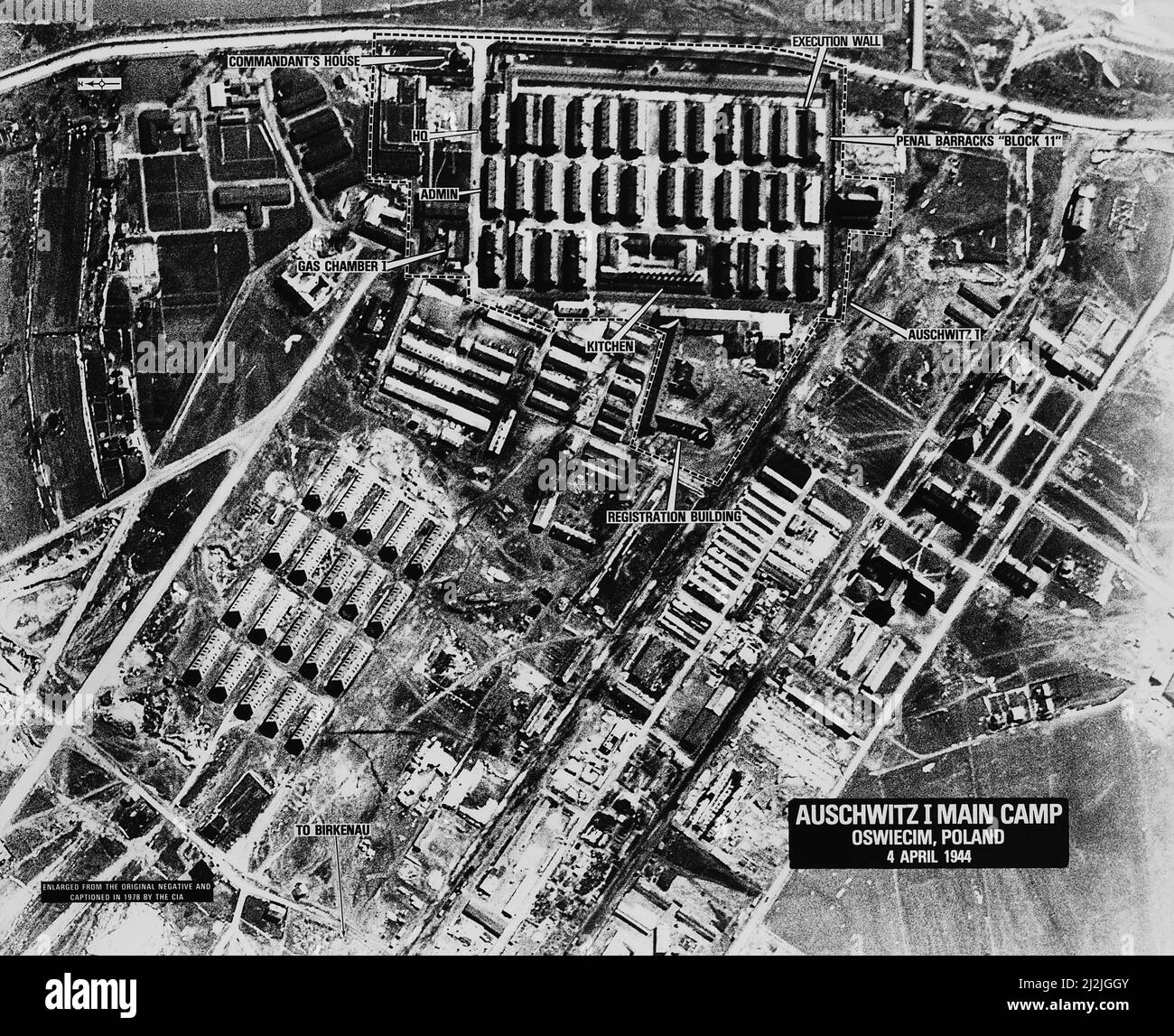 An aerial reconnaissance photograph of the Auschwitz concentration camp showing the Auschwitz I camp, April 1944 Stock Photo