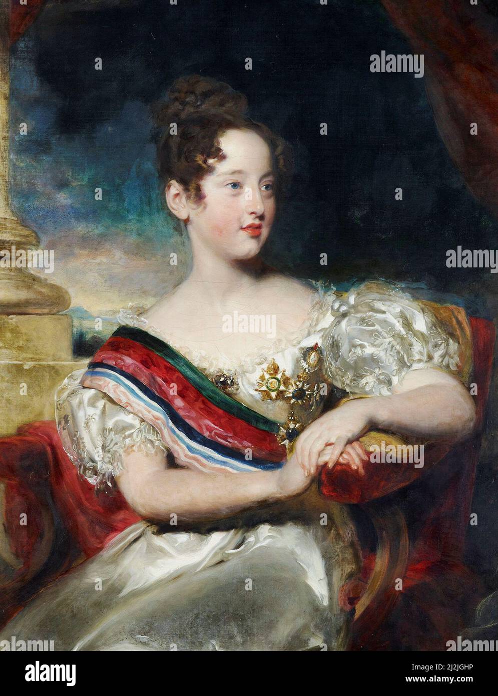 Queen Maria II of Portugal, eldest daughter of Pedro I of Brazil and sister of Pedro II, wearing the Grand Cross of the Imperial Order of the Cross and other orders - Thomas Lawrence, 1829 Stock Photo