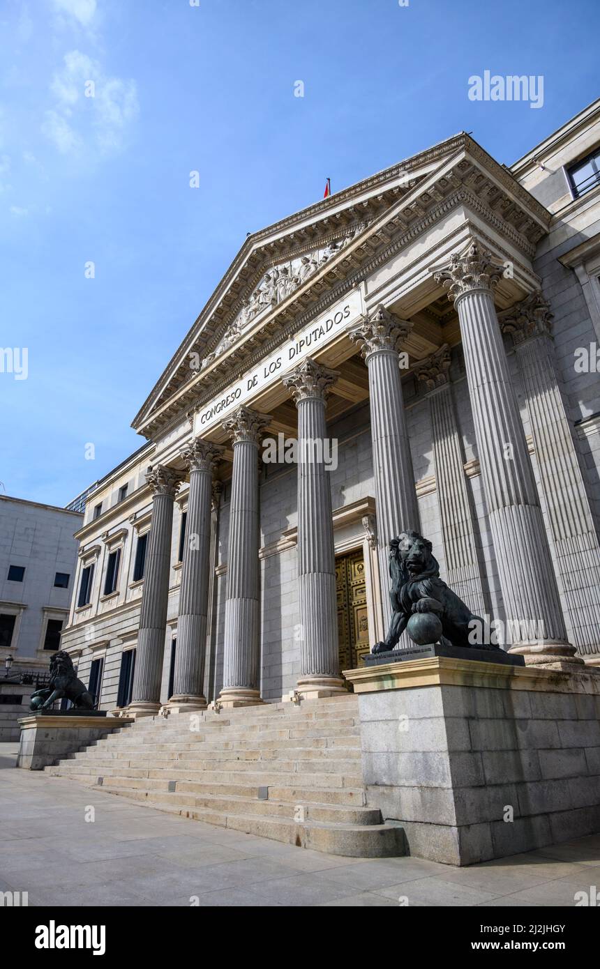 Palacio de las Cortes, home of the Congreso de los Diputados (Congress of Deputies) in Mardrid, Spain. Stock Photo